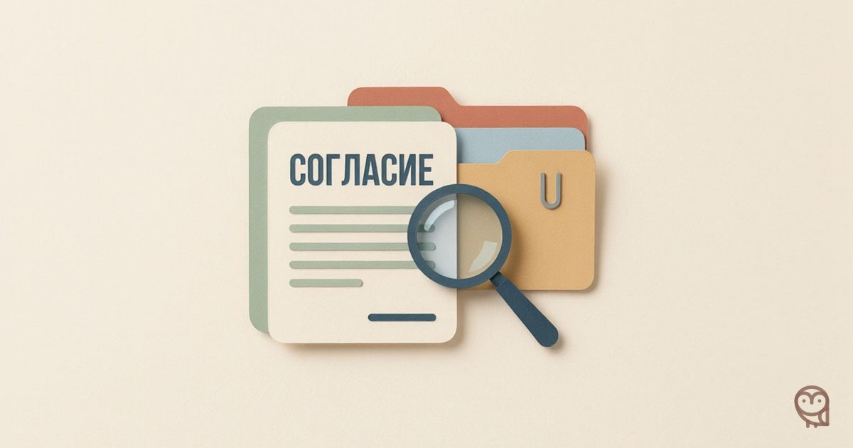 Иллюстрация к статье об образце согласия работника на обработку персональных данных: лист с надписью «СОГЛАСИЕ», лупа и папка.