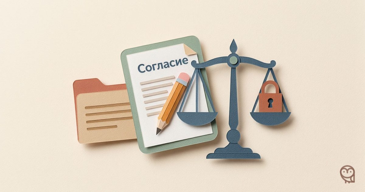 Иллюстрация к статье о шаблоне политики конфиденциальности для сайта: документ с печатью, карандаш и весы с папкой и замком показывают баланс между доступом к данным и их защитой.