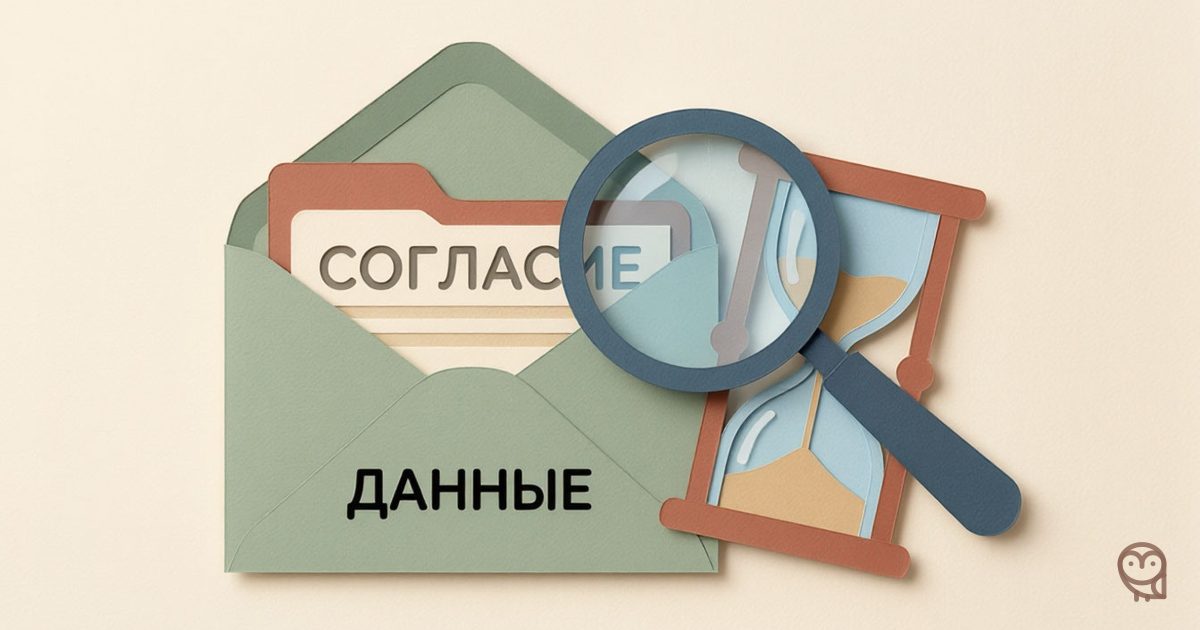 Лупа, разорванный конверт и песочные часы показывают проверку и сроки наложения штрафа за утечку персональных данных.