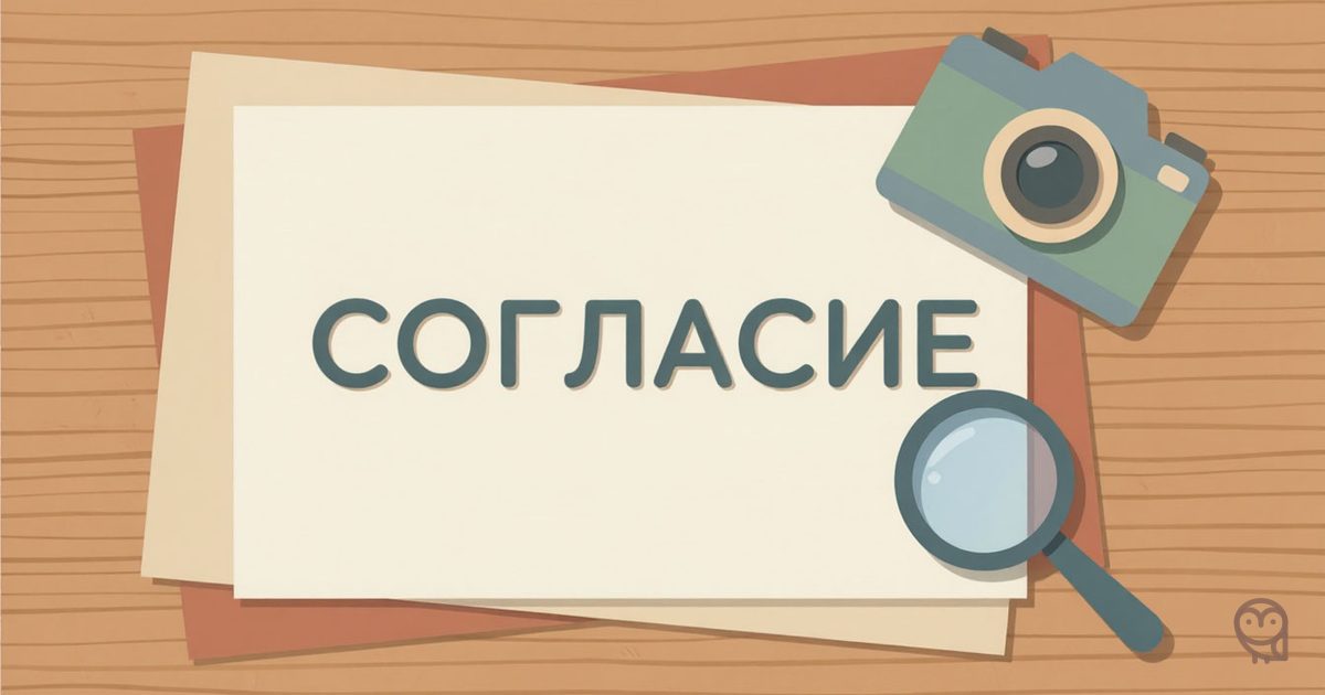 Иллюстрация к статье о согласии на размещение фото сотрудника на сайте: лист с надписью «СОГЛАСИЕ», фотоаппарат и лупа символизируют документ и проверку.