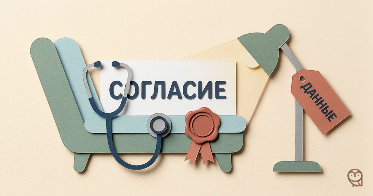 Иллюстрация к статье о согласии пациента на обработку персональных данных: кушетка, стетоскоп и рефлектор с табличкой «СОГЛАСИЕ» и биркой «ДАННЫЕ», объединённые сургучной печатью.