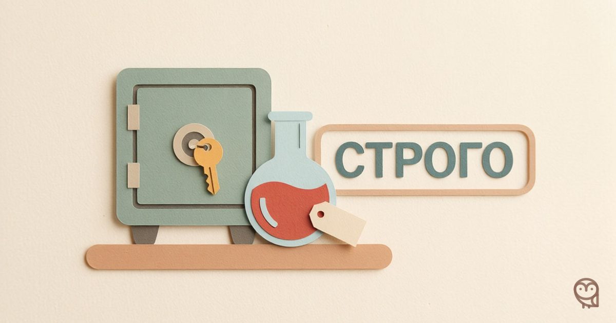 Иллюстрация к статье о специальных категориях персональных данных: сейф с ключом и колба с красной жидкостью символизируют особо охраняемые данные, а печать со словом «СТРОГО» указывает на повышенные требования.