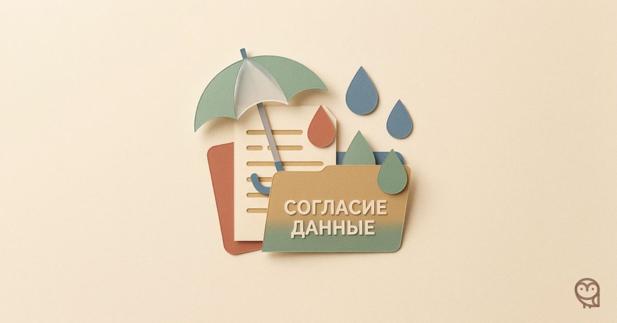 Иллюстрация к статье о персональных данных в Яндекс Формах: папка с документом и прозрачный зонт над каплями символизируют защиту собираемых данных.