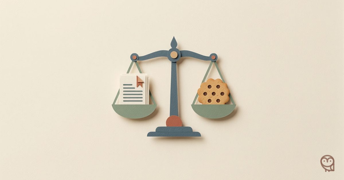 Иллюстрация к статье о cookie как персональных данных по 152-ФЗ: весы сравнивают традиционные документы и цифровое печенье, поднимая вопрос их юридического равенства.