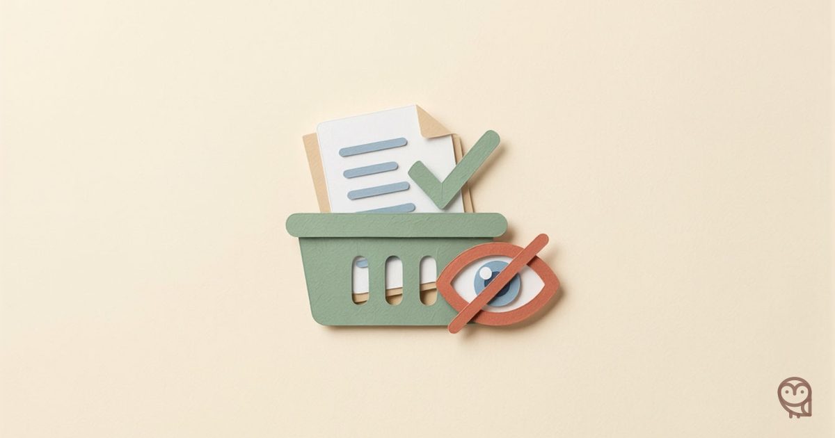 Иллюстрация к статье об отзыве согласия на обработку персональных данных: документ в корзине и перечеркнутый глаз означают отмену разрешения на использование данных.